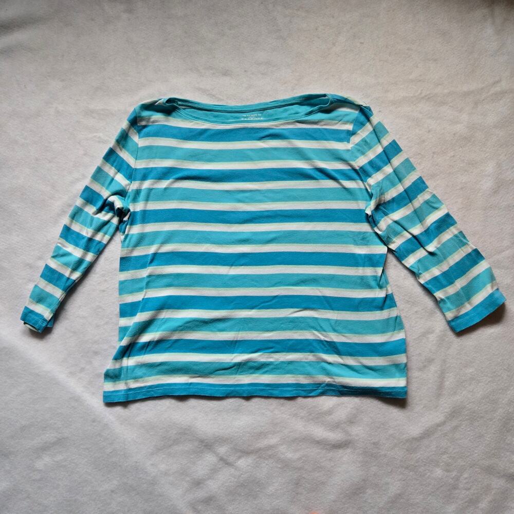 Talbots Women's T-shirt, Striped Blue, Aqua, White, XL, 100% Cotton 3/4 sleeve